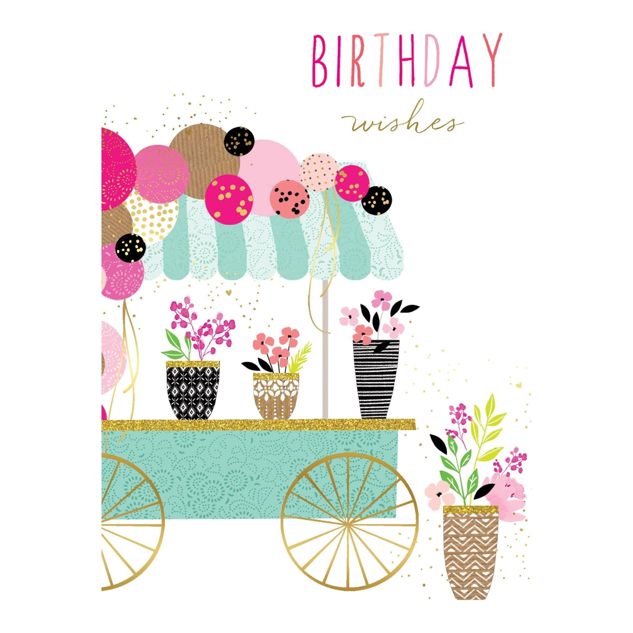 Sara Miller flower cart birthday card from Pictura featuring colorful floral illustrations on a cheerful greeting card.